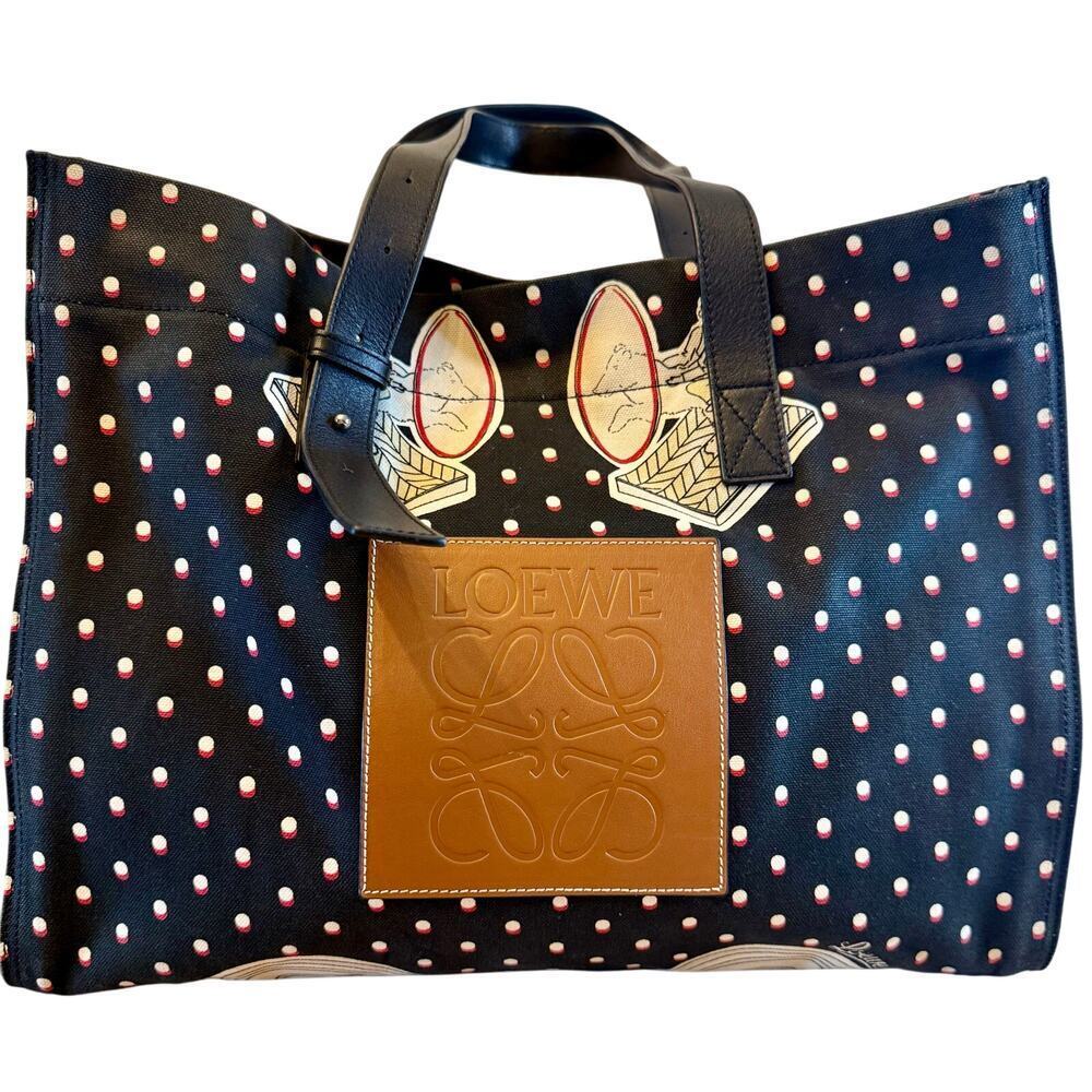 Loewe Paula's Ibiza Close to Paradise Black Polka Dot Canvas Leather Tote‎ Bag